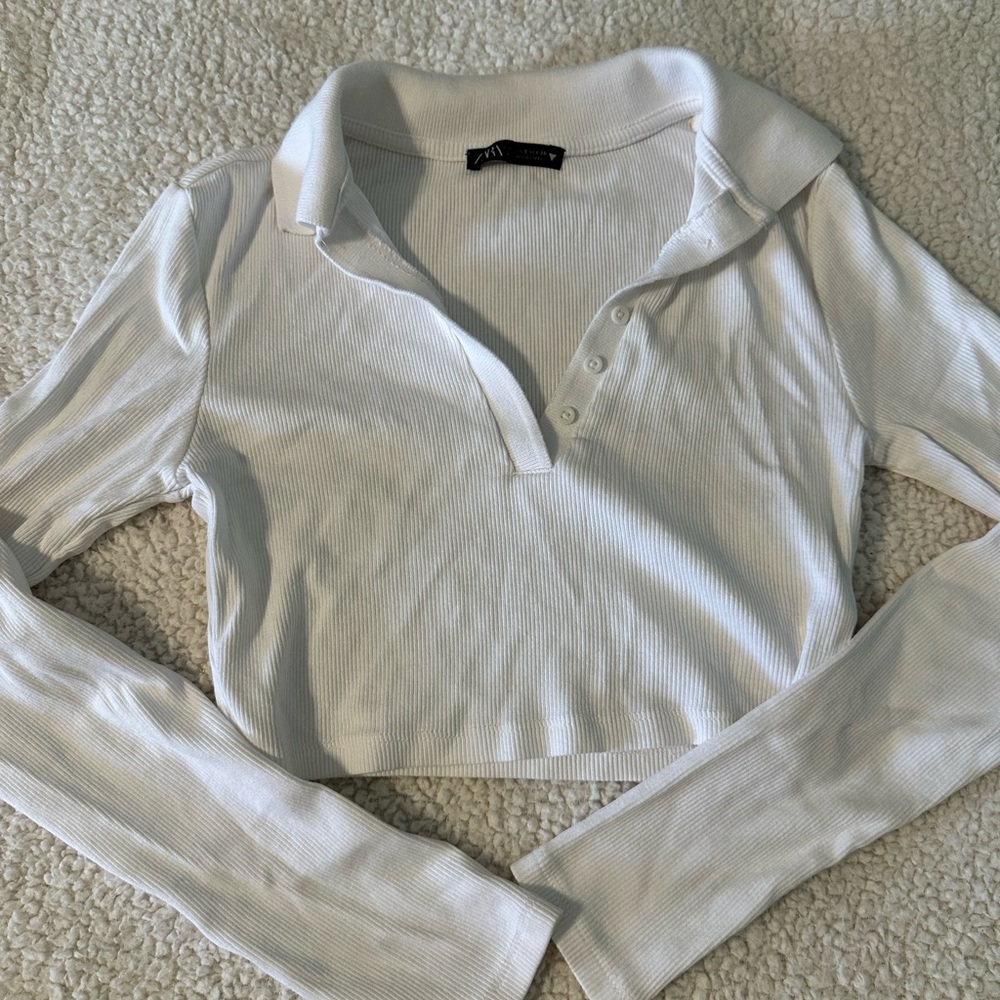 Zara Cream Ribbed Polo Crop Top